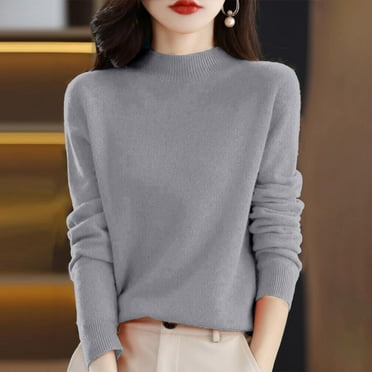 Merino Wool Sweaters for Women Long Sleeve Mock Neck Loose Pullover Tops Soft Warm Cozy Lightweight Wool Knit Sweater Gray M