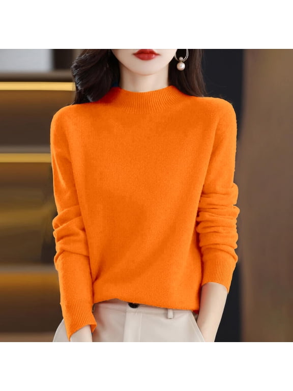 Merino Wool Sweaters for Women Long Sleeve Mock Neck Loose Pullover Tops Soft Warm Cozy Lightweight Wool Knit Sweater Orange XL