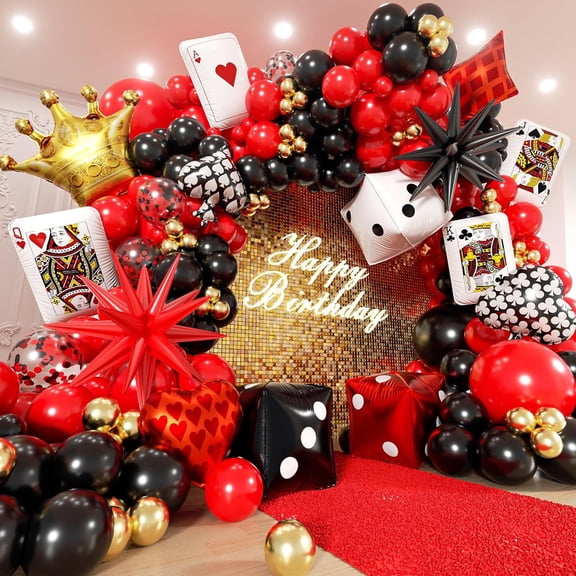 Casino Balloons Arch Kit - Red Black Gold Balloons with Star Crown Dice Poker Foil Balloon Garland Kit for Birthday Anniversary Birthday Game Night Las Vegas Casino Theme Party Decorations