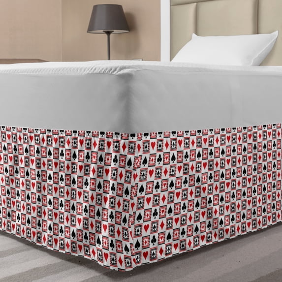 Casino Bed Skirt, Playings Cards Clubs Hearts Symmetrical Geometric Repeating Ornamental, Elastic Bedskirt Dust Ruffle Wrap Around for Bedding Decor, 4 Sizes, Scarlet Black, by Ambesonne