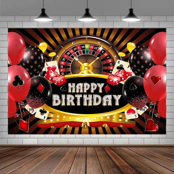 Casino Birthday Backdrop Las Vegas Casino Night Game Happy Birthday Photography Background Red Black Balloon Dice Poker Men Birthday Party Banner Decorations Photoshoot Prop Vinyl 5X3FT