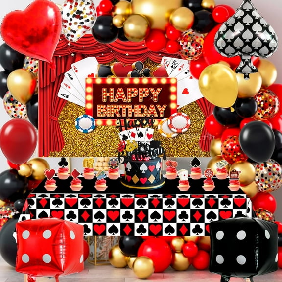 Casino Birthday Decorations, 85 Pcs Casino Party Decorations Set Including Casino Balloons Backdrop Cupcake Toppers etc Casino Birthday Decorations Supplies