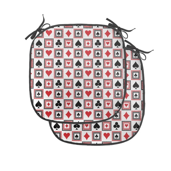 Casino Chair Seating Cushion Set of 4, Playings Cards Clubs Hearts Symmetrical Geometric Repeating Ornamental, Seat Pads for Office with Anti-slip Backing, 16"x16", Scarlet Black, by Ambesonne
