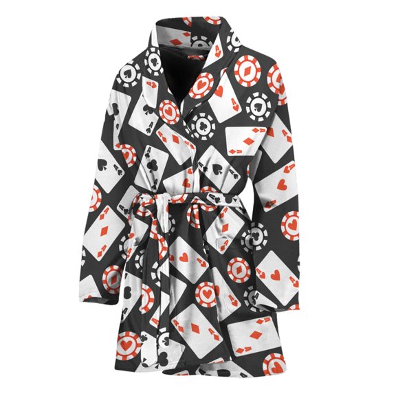 Casino Chip And Card Pattern Women Bathrobe One Size Univeral Fits, King Card Poker Fashion Lightweight Plush Fleece Long Robe For Women