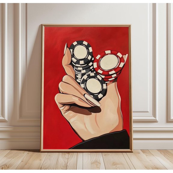 Casino Chips Wall Art Print - Poker Hand Illustration, Bold Red Artwork for Modern Decor
