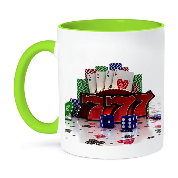 3dRose, Casino concept with poker cards chips dice and slot style sevens, 11oz Two-Tone Green Mug