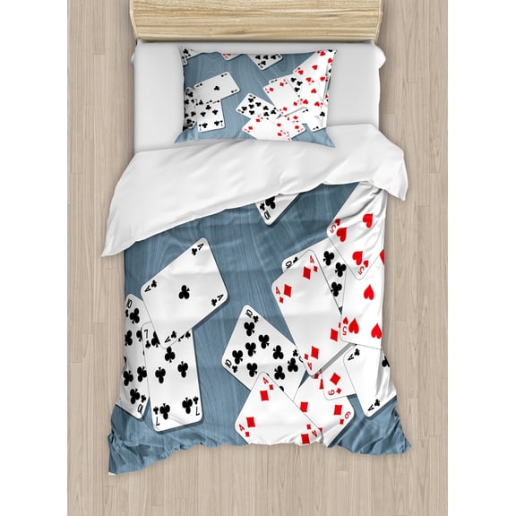 Casino Duvet Cover Set, Abstract Background with Playing Cards Metropolitan Tourist Attractions, Decorative 2 Piece Bedding Set with 1 Pillow Shams, Twin Size, Slate Blue Red Black, by Ambesonne