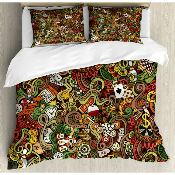 Casino Duvet Cover Set, Doodles Style Art of Bingo and Cards Excitement Checkers King Tambourine Vegas, Decorative 3 Piece Bedding Set with 2 Pillow Shams, Queen Size, Multicolor, by Ambesonne