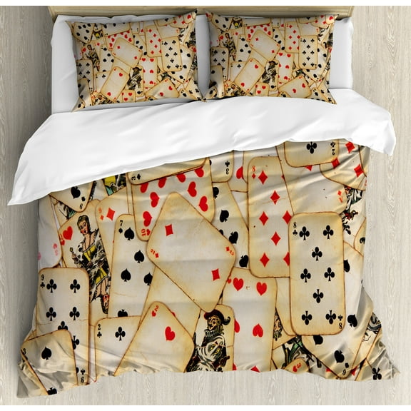 Casino Duvet Cover Set, Old Playing Cards Themed Vintage Classic Style Entertaining Wealth Fortune, Decorative 3 Piece Bedding Set with 2 Pillow Shams, Calking Size, Beige Red Black, by Ambesonne