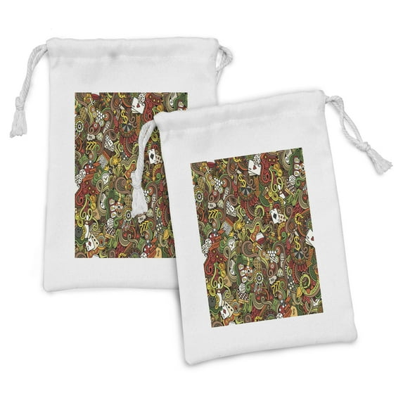Casino Fabric Pouch Set of 2, Doodles Style Art of Bingo and Cards Excitement Checkers King Tambourine Vegas, Small Drawstring Bag for Toiletries Masks and Favors, 9" x 6", Multicolor, by Ambesonne