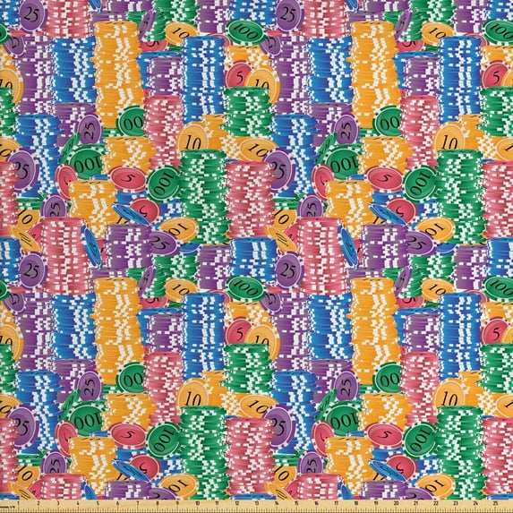 Ambesonne Colorful Fabric by the Yard Upholstery, Casino Chips Luck, 3 Yards, Multicolor