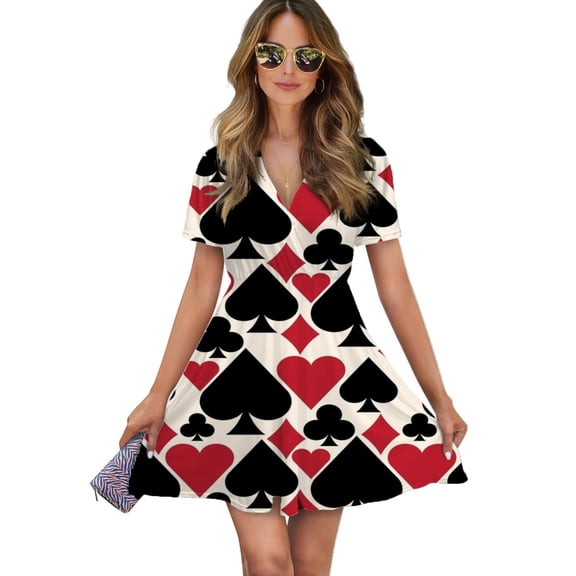 Casino Fun Women Dress V-Neck Short Sleeve Flowy Swing Party Midi Dress
