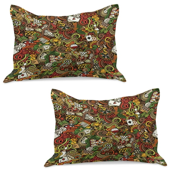 Casino Knitted Quilt Pillowcover Set of 2, Doodles Style Art of Bingo and Cards Excitement Checkers King Tambourine Vegas, Standard Queen Pillow Sham Bedroom, 30" x 20", Multicolor, by Ambesonne
