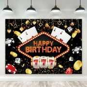 Casino Las Vegas Night Happy Birthday Backdrop Polyester Fabric Gold Coin Poker Dice Photography Background 30th 40th 50th Man Birthday Table Decor Banner