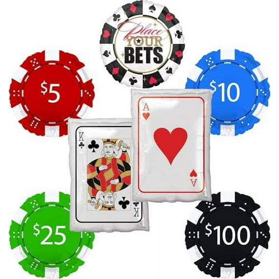 Casino Night Party Poker Chips and Playing Cards Ace King Balloon Bouquet Decorations 5 pc Place your Bets