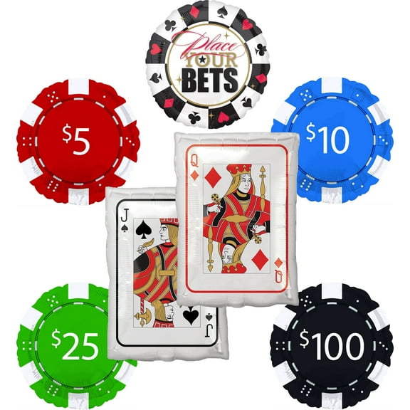 Casino Night Party Poker Chips and Playing Cards Queen Jack Balloon Bouquet Decorations 5 pc Place your Bets