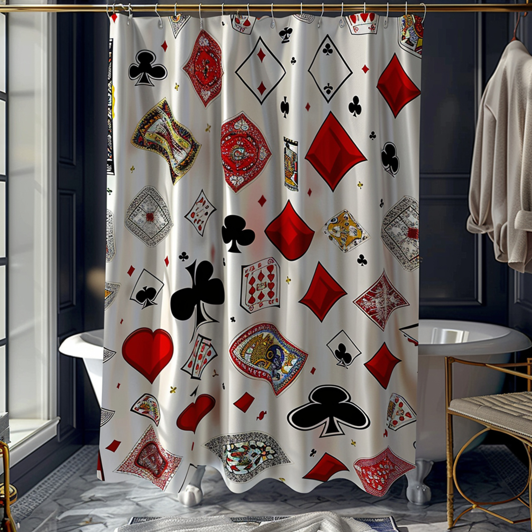 Casino Playing Cards Theme Modern Bathroom Shower Curtain with Classic Card Symbols Unique Decor ...