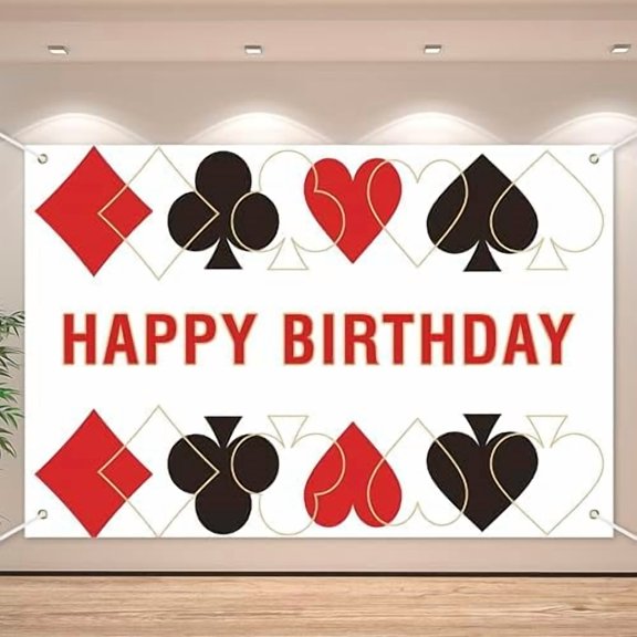 Casino Poker Happy Birthday Banner Backdrop Casino Night Red Black Poker Playing Cards Theme Decor for Big Winner Adult Casino Game Birthday Party Favors custom 47.2×11.8 in