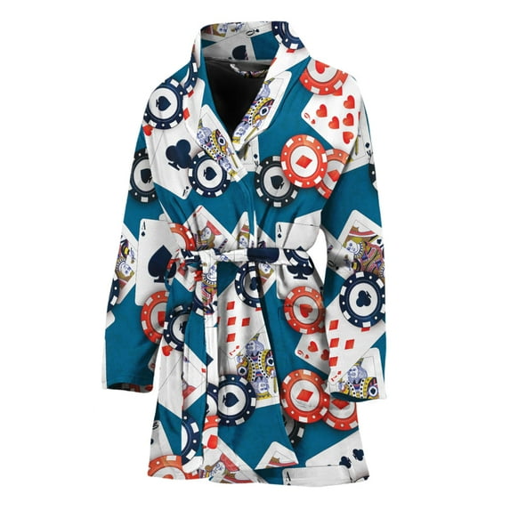 Casino Poker Pattern Women Bathrobe One Size Univeral Fits Fashion Lightweight Plush Fleece Long Robe For Women