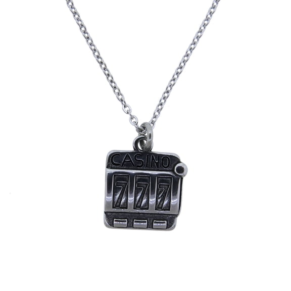Casino Slot Machine Pendant Necklace Stainless Steel Charm on a Stainless-Steel Cable Chain Gambling Gift, Slot Machine Casino Jewelry 16"