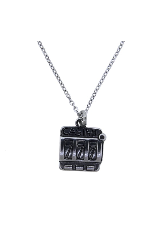 Casino Slot Machine Pendant Necklace Stainless Steel Charm on a Stainless-Steel Cable Chain Gambling Gift, Slot Machine Casino Jewelry 16"