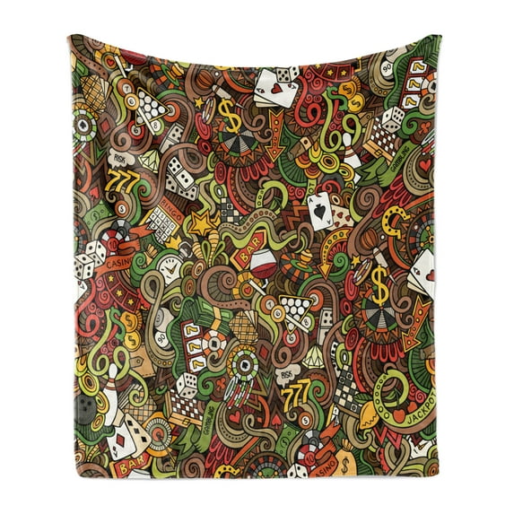 Casino Soft Flannel Fleece Blanket, Doodles Style Artwork of Bingo and Cards Excitement Checkers King Tambourine Vegas, Cozy Plush for Indoor and Outdoor Use, 70" x 90", Multicolor, by Ambesonne