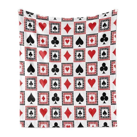 Casino Soft Flannel Fleece Throw Blanket, Playings Cards Clubs Hearts Symmetrical Geometric Repeating Ornamental, Cozy Plush for Indoor and Outdoor Use, 50" x 70", Scarlet Black, by Ambesonne