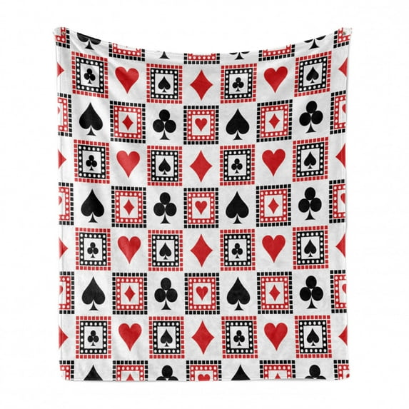 Casino Soft Flannel Fleece Throw Blanket, Playings Cards Clubs Hearts Symmetrical Geometric Repeating Ornamental, Cozy Plush for Indoor and Outdoor Use, 60" x 80", Scarlet Black, by Ambesonne