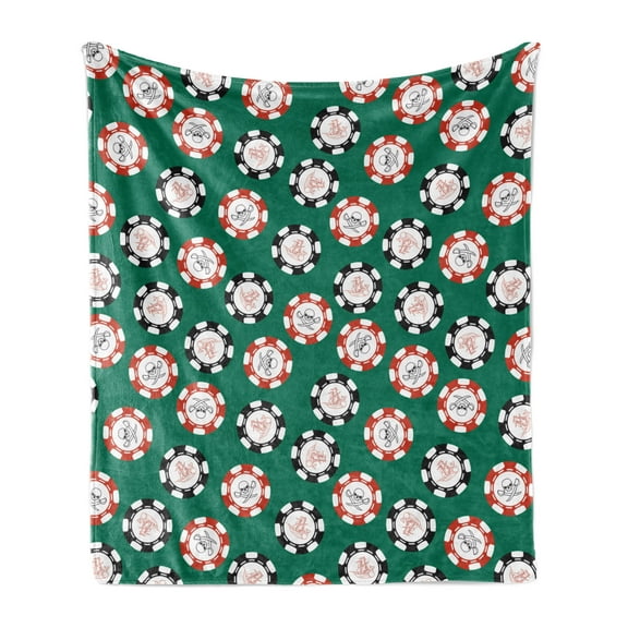 Casino Soft Flannel Fleece Throw Blanket, Poker Chips Pirates Money Diagonal Bones Skull Risk Artwork, Cozy Plush for Indoor and Outdoor Use, 50" x 70", Jade Green Red, by Ambesonne