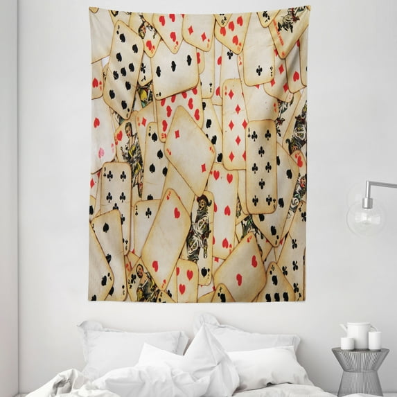 Casino Tapestry, Old Playing Cards Themed Vintage Classic Style Entertaining Wealth Fortune, Wall Hanging for Bedroom Living Room Dorm Decor, 60W X 80L Inches, Beige Red Black, by Ambesonne