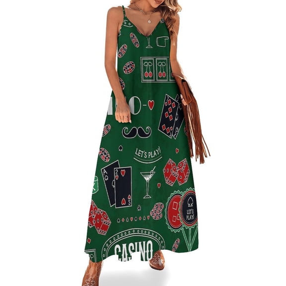 Casino Theme. Gambling Symbols Sleeveless Suspender Dress Summer Fashion Casual Long Dress