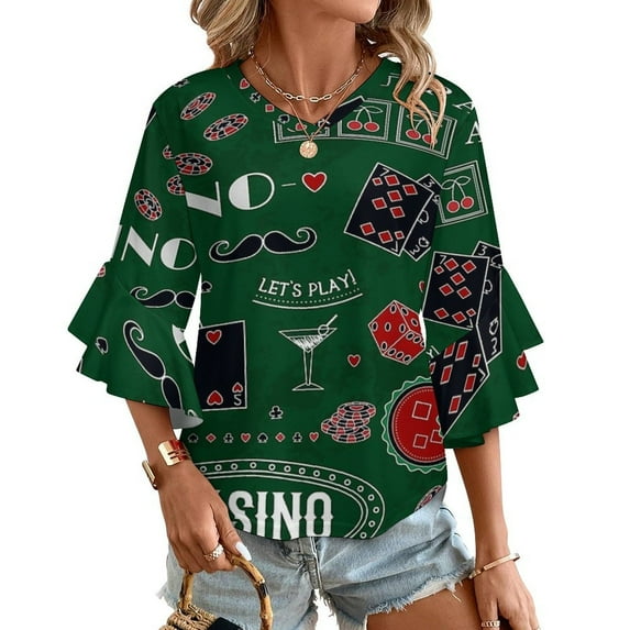 Casino Theme. Gambling Symbols Women's V-Neck Blouse With 3/4 Ruffled Bell Sleeves Casual Top Ladies Blouses
