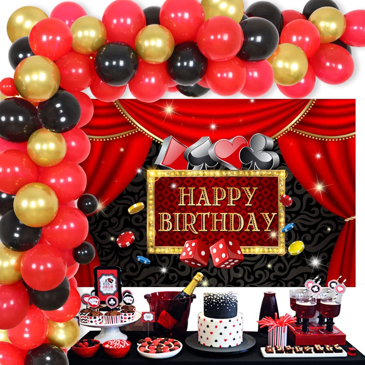 Casino Theme Party Decorations - Las Vegas Casino Night Birthday Party  Supplies Red Black Balloons Garland Kit Poker Happy Birthday Photo Backdrop  for Adults Magic Birthday Party Decor 