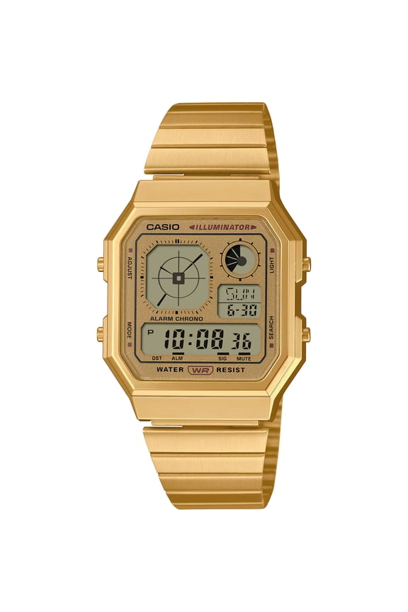 A130WEG-9ACF Unisex Gold and Grey Digital Dial Vintage Watch