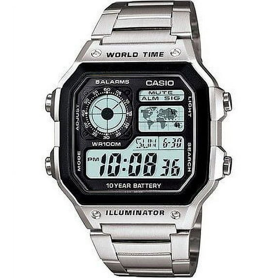 Casio AE1200WHD-1A Men's Stainless Steel World Time 5 Alarms Chronograph Watch
