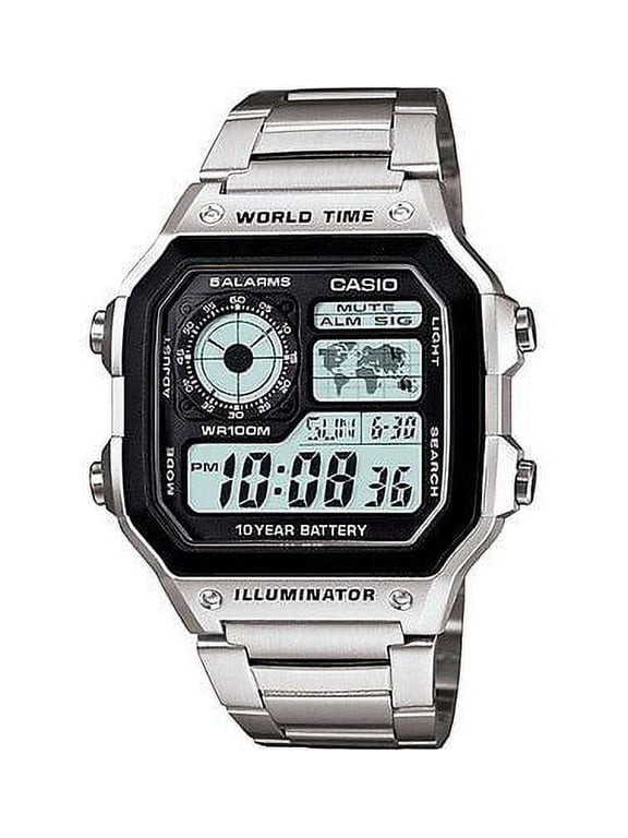 AE1200WHD-1A Men's Stainless Steel World Time 5 Alarms Chronograph Watch