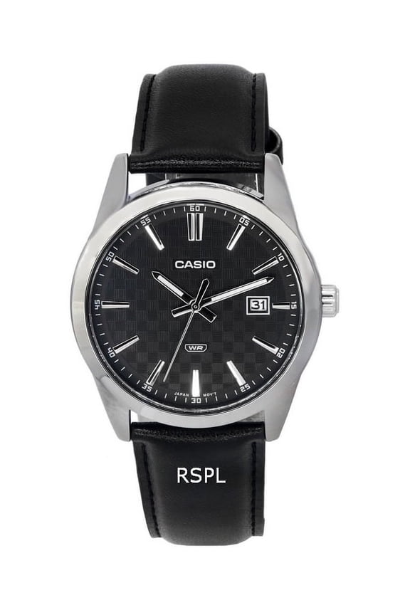 Men’s Black Textured Dial Analog Watch with Leather Strap - MTP-VD03L-1AUDF