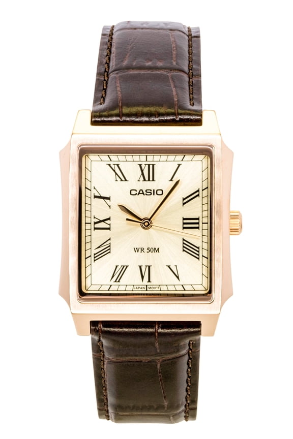 Analog Leather Strap Gold Dial Quartz MTP-B190RGL-9BV Men's Watch