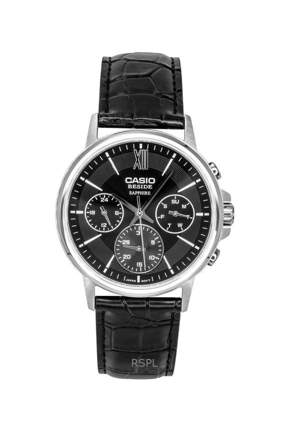 Beside Analog Leather Strap Black Dial Quartz BMS-300L-1AV Men's Watch