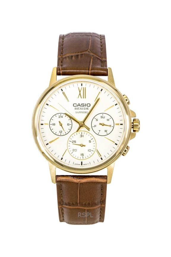 Beside Analog Leather Strap Gold Dial Quartz BMS-300GL-5AV Men's Watch
