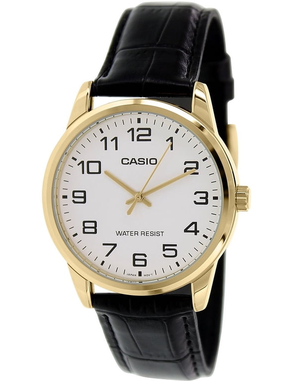 Black Leather Gold Bezel Quartz Men's Watch MTP-V001GL-7BUDF