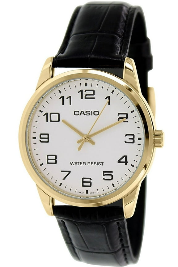 Black Leather Gold Bezel Quartz Men's Watch MTP-V001GL-7BUDF