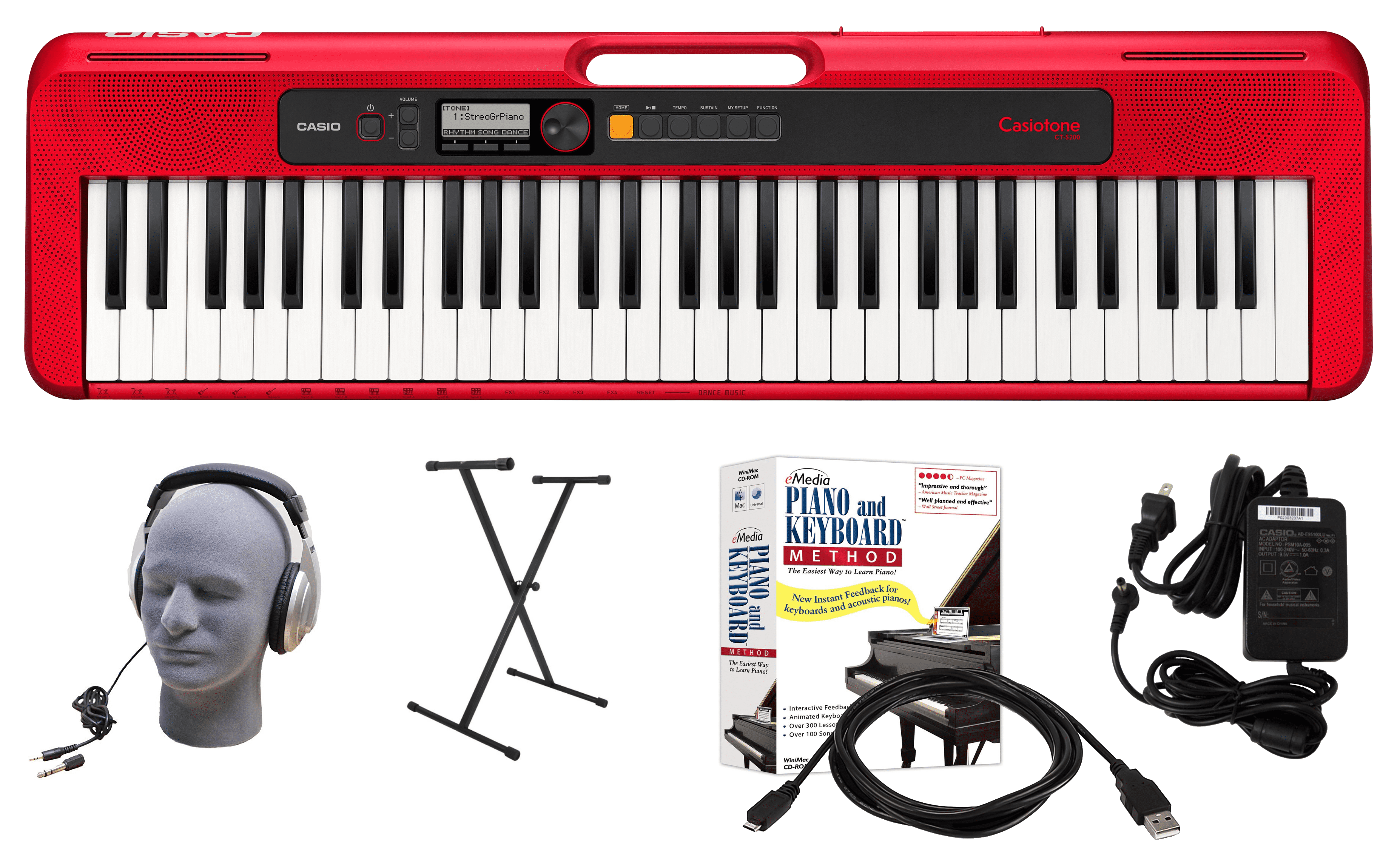 lade Religiøs shilling Casio CT-S200RD EPA 61-Key Premium Keyboard Package with Headphones, Stand,  Power Supply, 6-Foot USB Cable and eMedia Instructional Software, Red -  Walmart.com