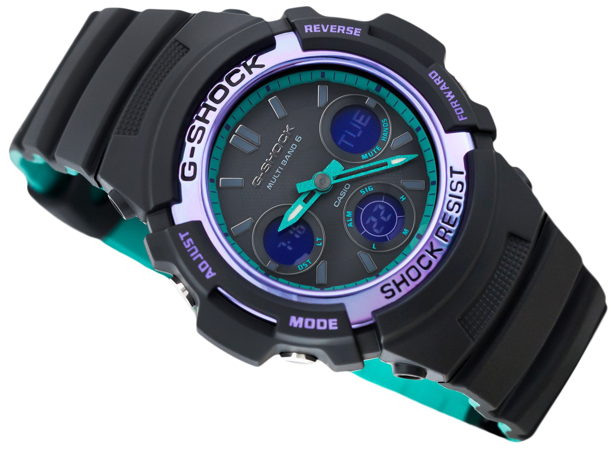 Casio G-Shock \'90s AWG-M100SBL-1A Blue 6 Multiband Series Accent Color Purple and