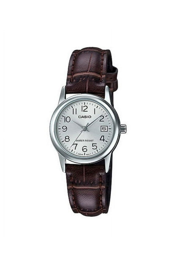 LTP-V002L-7B2 Women's Standard Brown Leather Band Numbers Silver Dial Date Analog Watch