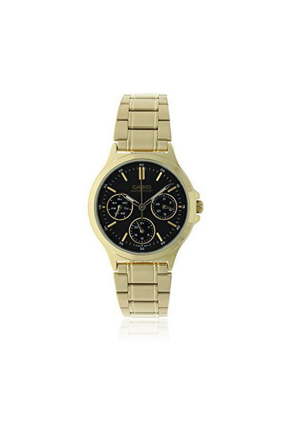 LTP-V300G-1A Women's Standard Gold Tone Stainless Steel Multifunction Black Dial Watch