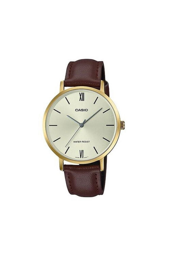 Womens Brown Leather Strap Analog Watch with Gold Case - LTP-VT01GL-9BUDF