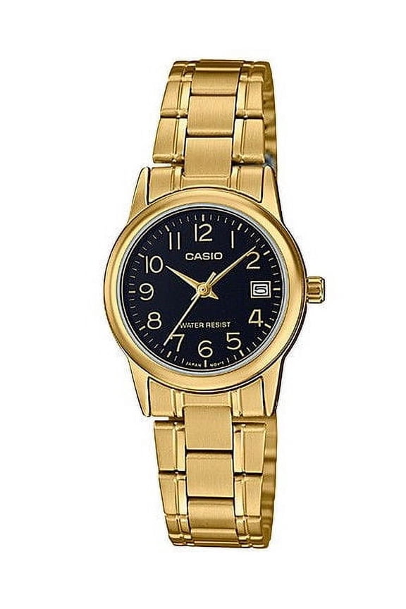 Ladies Gold Tone Stainless Steel Black Dial Quartz Analog Watch LTP-V002G-1B