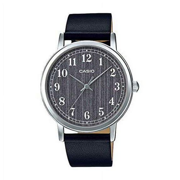 Casio MTP-E145L-1B Men's Minimalist Grey Wood Pattern Dial Leather Band Watch