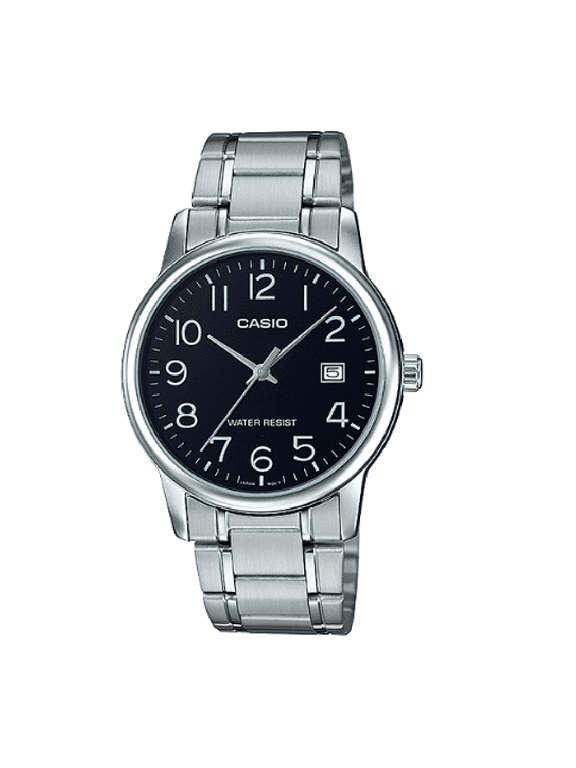 MTP-V002D-1B Men's Silver Standard Stainless Steel Date Black Numbers Analog Dial Watch